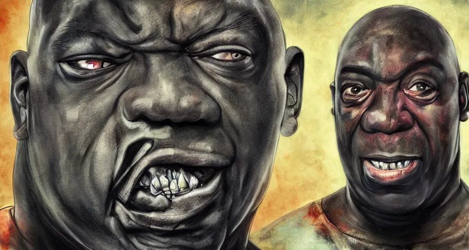 Prompt: angry zombie portrait of michael clarke duncan, an urban background szene, grimdark horror, stylized digital illustration, radiating a glowing aura, global illumination, ray tracing, hdr, fanart arstation by ian pesty and katarzyna bek - chmiel