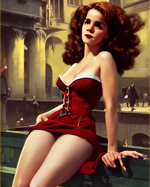 Image similar to pinup photo of hermione granger by emma watson in the crowded square of the city, by greg rutkowski, gil elvgren, enoch bolles, glossy skin, pearlescent, very coherent, flat