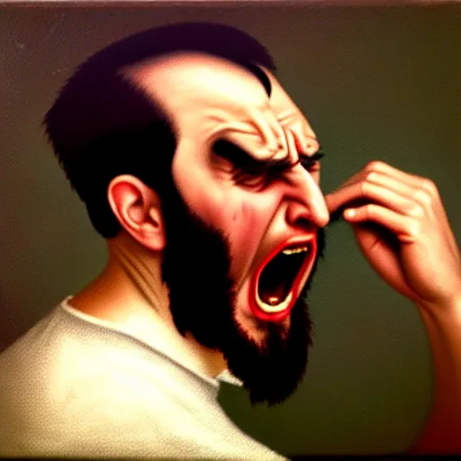 Image similar to an angry man yells at his computer monitor, oil on canvas, 1 8 8 3, highly detailed