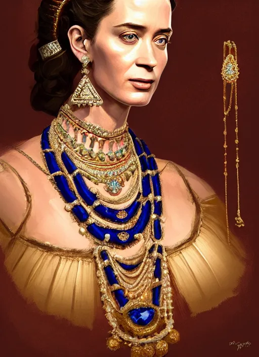 Image similar to portrait of emily blunt as indian queen, jewelry, greek, sapphire, victorian age, 1 8 9 0, intricate, headshot, key visual, conceptart, ambient lighting, highly detailed, digital painting, artstation, concept art, sharp focus, by makoto shinkai and akihiko yoshida and greg manchess