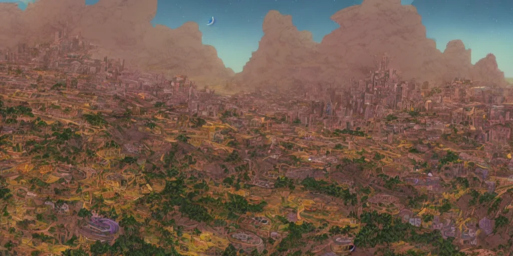 Prompt: an african city in a valley bordered by a fortress on the mountain side with three towers, multicolored spirits flying in the skies, comics art, cinematic volume lighting, 4k, illustration, epic scene, trending on artstation, art by ghibli moebius