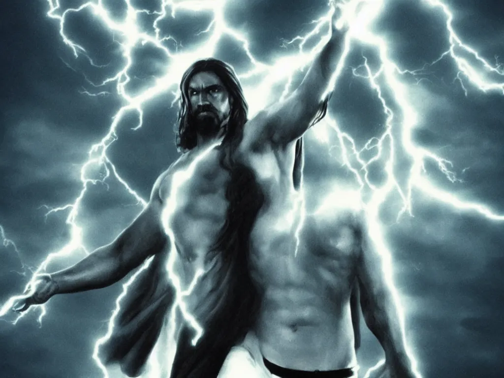 Image similar to jesus christ as a superhero with long hair and white eyes floating above the water shooting lightning out of his hands, sin city, full shot, graphic novel, symmetrical, frontal,