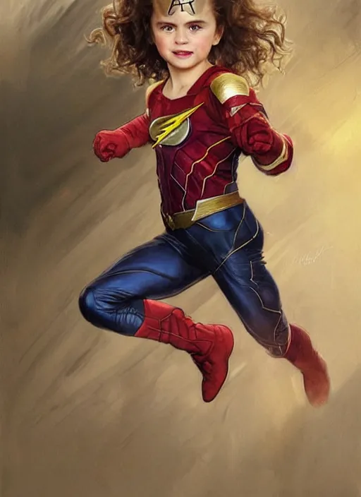 Image similar to a little girl with a mischievous face and light brown curly wavy hair. she is dressed as captain america, batman, the flash, captain marvel, wonder woman, a superhero. clean elegant painting, beautiful detailed face. by artgerm and greg rutkowski and alphonse mucha