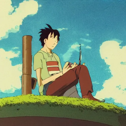 Prompt: man sitting in cosmic cabin smoking pipe, contemplating, studio ghibli