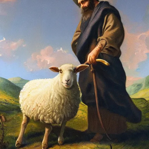 Image similar to realistic painting of abel the shepherd of sheep, shepherding the flock, in the style of miguelangel