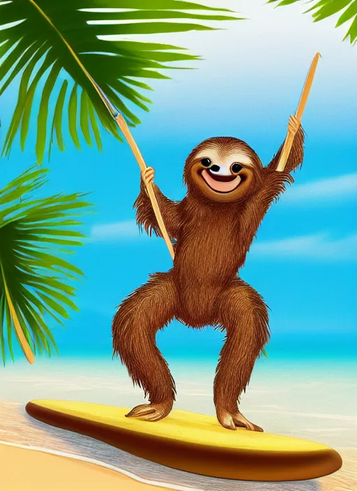 Prompt: disney pixar animation of a sloth riding a surfboard in tropical background waves palm trees, sandy beach