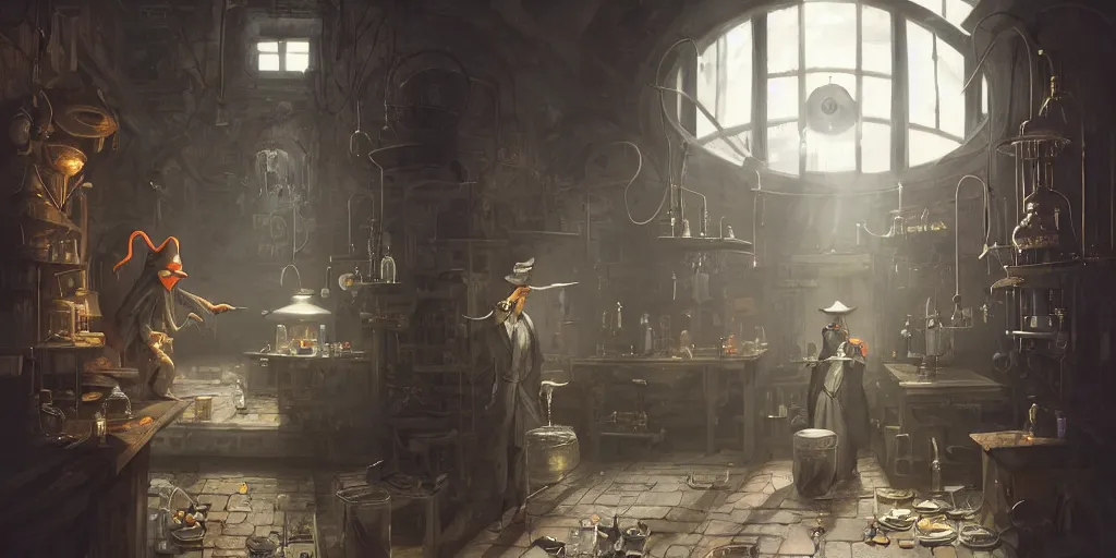 Prompt: a plague doctor and a humanoid rat in a laboratory with lots of flasks filled with magic liquids, stephen bliss, unreal engine, fantasy art by greg rutkowski, loish, rhads, ferdinand knab, ilya kuvshinov, rossdraws, tom bagshaw, global illumination, radiant soft light, detailed and intricate environment