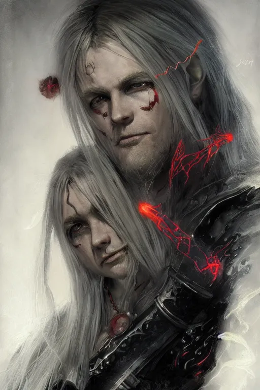 Image similar to portrait of Elric of Melibourne, long white hair, black paper, vivid colors, Long black sword with red glowing runes, by Bastien LeCouffe-Deharme, J. C. Leyendecker, Craig Mullins, Marc Simonetti, greg rutkowski, trending on Artstation