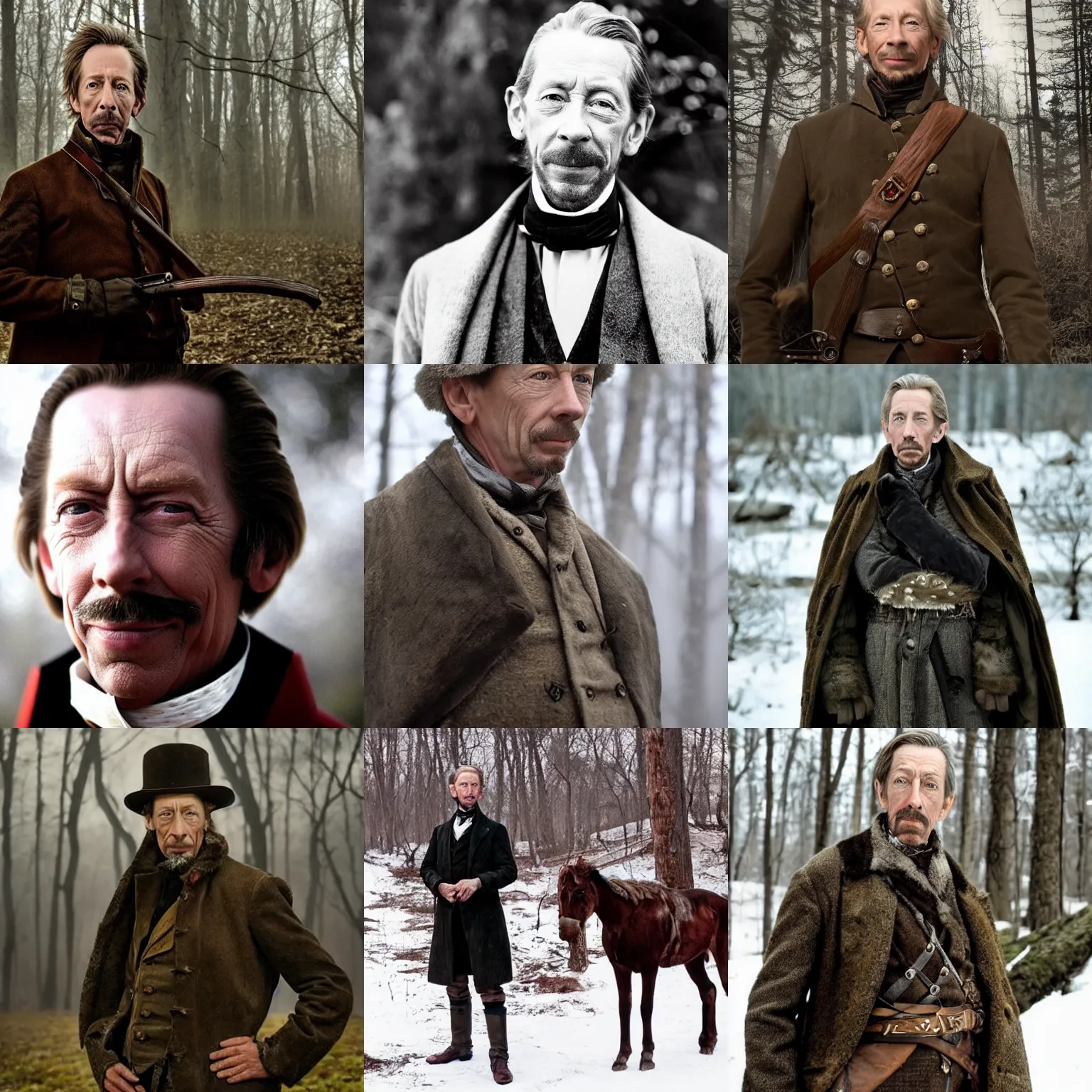 Prompt: Jonathan Hyde with gray goatee as a stiff, stark 19th century eastern european hunter. The background is a eastern european forrest. cinematic lighting, highly detailed, realistic, antique photography