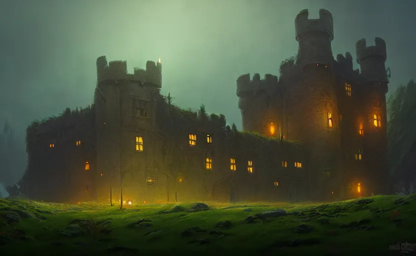 Prompt: an old english castle covered by plants with moody and cinematic lighting by greg ruthkowski and simon stalenhag jama jurabaev, cinematic and atmospheric, concept art, artstation, trending on artstation