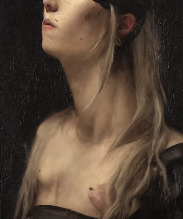 Image similar to the portrait of ( ( ( ( ( hunter schafer ) ) ) ) ) in black wax crown by roberto ferri, dark fantasy, witcher, very detailed oil painting, masterpiece, 8 k