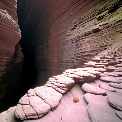 Image similar to The stairway is cut into the rocky sides of the chasm, descending to the bottom. The handholds of the stairway are smooth, and the sandy earth of the pathway is imbued with the scat of a variety of animals. You spot a web-toed humanoid footprint, descending into the cavern.