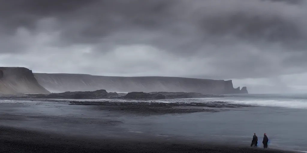 Image similar to icelandic coast. black sand. dramatic sky. cinematic. intricate. mist. low angle wide shot. highly detailed. matte painting in the style of craig mullins.