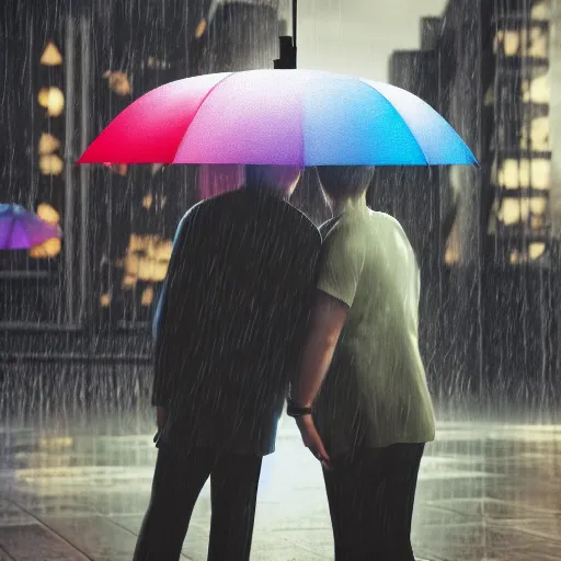 Prompt: umbrella under a heavy rain, a couple under the umbrella, a rainbow comes from the umbrella and goes down, between the couple, high contrast, the background is very dark, unreal engine 5, artstation winner, 8k, octane render, high contrast, impressionist post effect applied