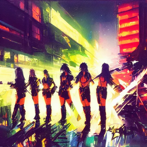 Image similar to john berkey painting of an anime metal band photo, direct flash photography at night, film grain