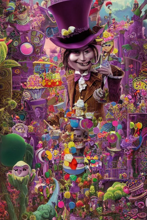 Image similar to whimsical pixar Johnny Depp in wonderland Willy Wonka's Chocolate Factory, Illustration, Colorful, insanely detailed and intricate, super detailed, by Lulu Chen, moebius, craig mullins