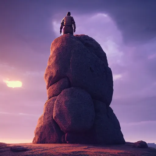 Image similar to a man standing in front of a giant rock, a matte painting by mike winkelmann, cgsociety, fantasy art, matte painting, matte drawing, cryengine