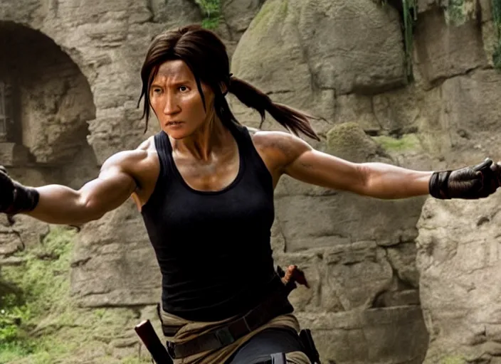 Image similar to film still of!!!! jackie chan jackie chan jackie chan!!! as lara croft in new tomb raider movie, 8 k