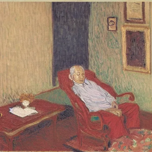 Prompt: japanese old man sleeping on arm chair in his living room by monet