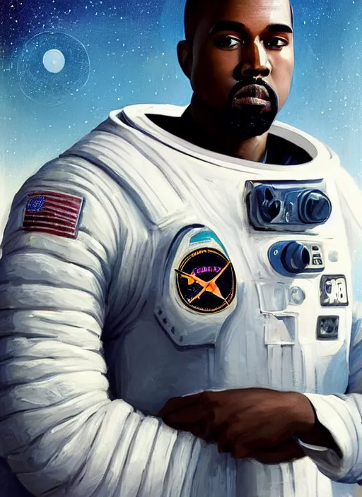 Image similar to pinted portrait of kanye west as an astronaut by greg rutkowski, he is about 3 0 years old, short blond hair, athletic and strong, straight jaw, wearing futuristic space gear, highly detailed portrait, digital painting, artstation, concept art, smooth, sharp foccus ilustration, artstation hq.