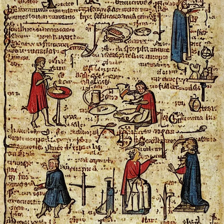 Image similar to middle age illustrated recipe for french fry ( ( ( ( a french fry cone ) ) ) ) lot of medieval enluminures in the background explaining the recipe, schematic in a notebook