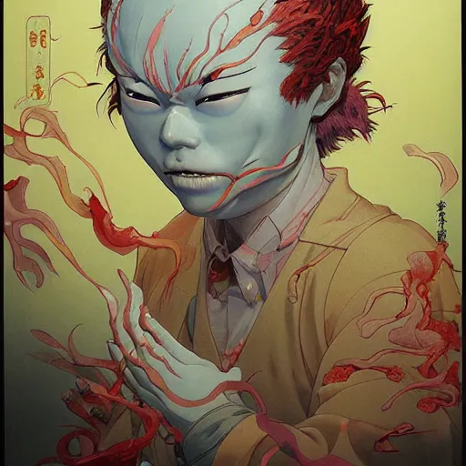 Image similar to prompt : yokai portrait soft light painted by james jean and katsuhiro otomo and erik jones, inspired by evangeleon anime, smooth face feature, intricate oil painting, high detail illustration, sharp high detail, manga and anime 1 9 9 9