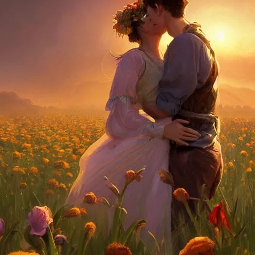 Image similar to a young couple hugging each other in a flower field at sundown, D&D, fantasy, intricate, elegant, highly detailed, digital painting, artstation, concept art, matte, sharp focus, illustration, hearthstone, art by Artgerm and Greg Rutkowski and Alphonse Mucha