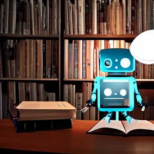 Image similar to a robot reading a book sitting in a desk chair and on the table a desk lamp turned on, in the background many books