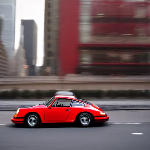 Image similar to photo of a red porsche 9 1 1 9 6 4 carrera 2 speeding through nyc, cinematic, motion blur