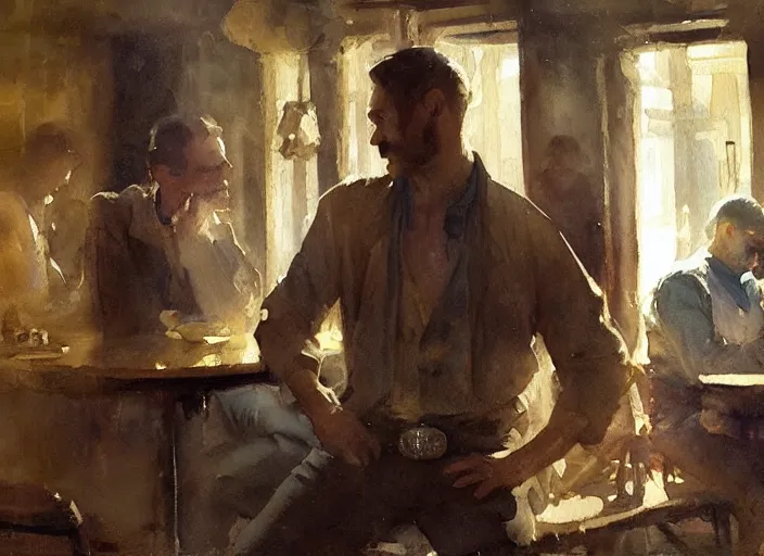 Image similar to oil watercolor painting of dirty man in western bar, shaven stubble, short hair, mysterious light, art by anders zorn, wonderful masterpiece by greg rutkowski, beautiful cinematic light, american romanticism by greg manchess, creation by tyler edlin