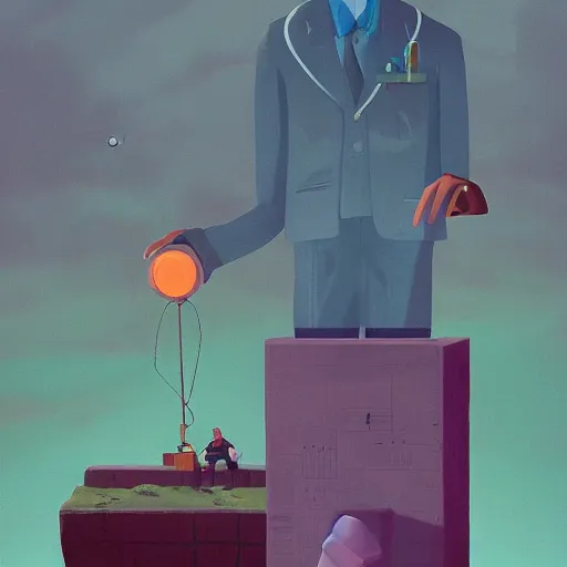 Image similar to man in a suit holding gem with curiosity, trying to learn, by simon stalenhag