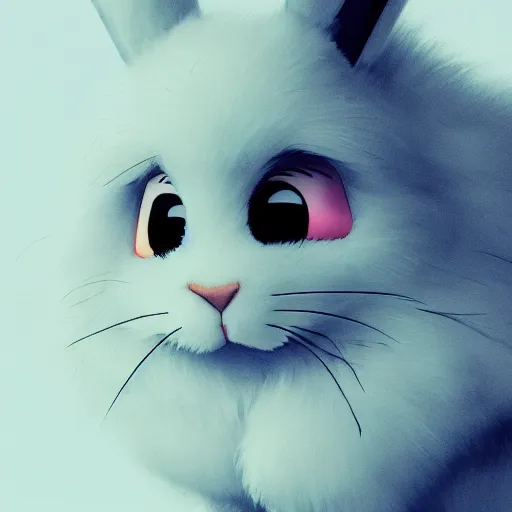 Image similar to a fluffy bunny, thoughtful expression, Aesthetically pleasing, by Studio Ghibli,, high definition, illustration, ambient lighting, HDR, HD, UHD, 4K, 8K, cinematic, dynamic, energetic, lively, elegant, intricate, complex, highly detailed, Richly textured, Rich vivid Color, masterpiece.