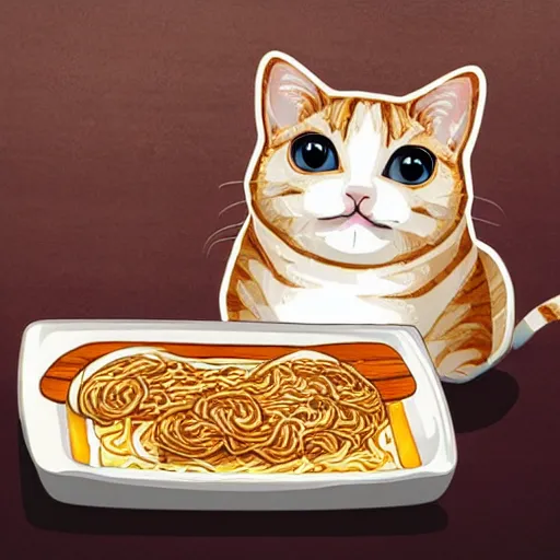 Image similar to cute fat cat sitting in front of ramen noodles on toast, photo realistic