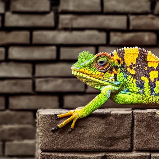 Prompt: a chameleon with leopard pattern on skin sitting on a brick wall, highly detailed, 8K, supersharp photo