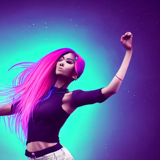 Image similar to a award winning action upper body portrait of a beautiful woman with a ombre purple pink hairstyle with head in motion and hair flying, choker, outrun, vaporware, vivid colors, highly detailed, fine detail, intricate