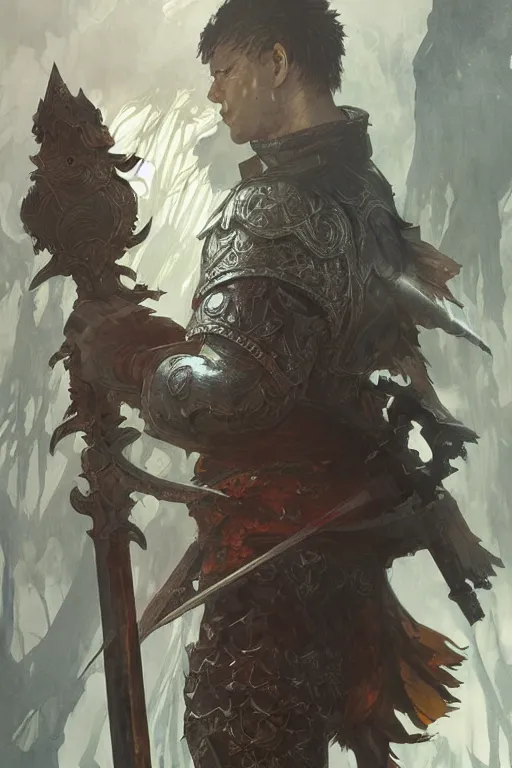 Image similar to Berserk Beruseruku with very big sword, D&D, fantasy, portrait, highly detailed, digital painting, artstation, concept art, sharp focus, illustration, art by greg rutkowski and alphonse mucha