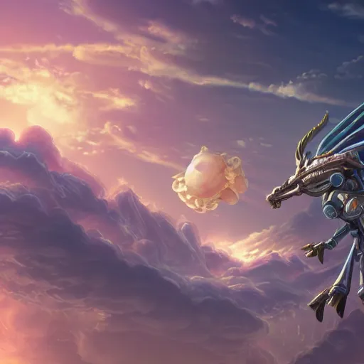 Prompt: the ancient world, hyper complexity, highly detailed, cinematic lighting, pastel colored sunrise, flying robotic racoon with gold metal huge wings on its back in the cloudy sky, sharp outlines, complete whole shrimp body, another sleeping racoon face in the clouds watching each other, hyperrealistic, trending on pixiv fanbox, love death robot,