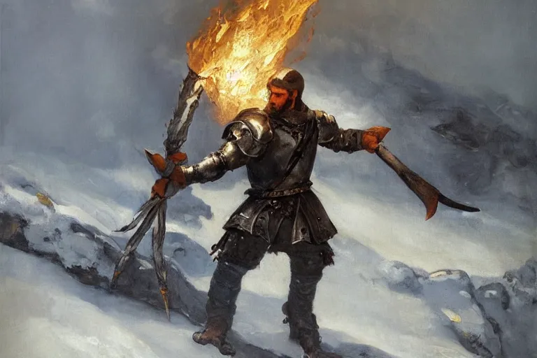 Prompt: landscape realistic painting image of a templar knight with one mechanical hand carrying a fire sword and wielding it at the ice dragon. dramatic scene, realism, created by gustave courbet and michaelangelo, trending in artstation, fine art, smooth draw with oil painting.