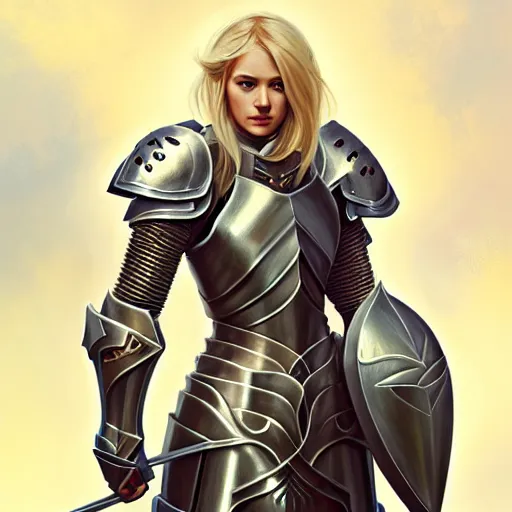 Image similar to Portrait of a female Paladin with blonde hair wearing a heavy knight armor, face, fantasy, intricate, elegant, highly detailed, digital painting, artstation, concept art, smooth, sharp focus, illustration, art by Wei Fan and Fernanda Suarez and Artem Demura and alphonse mucha