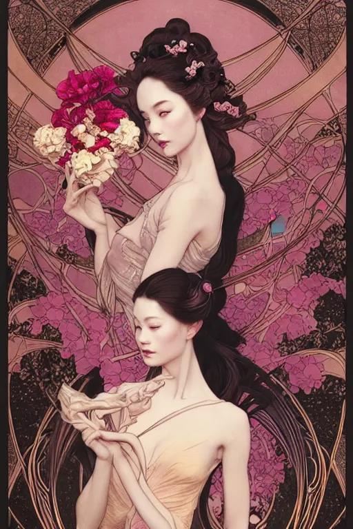 Image similar to full length portrait of a beautiful mysterious chinese fairy holding bouquet of flowers by eve ventrue, michael carson, andreas rochas, john watkiss, casey weldon, artgerm. art nouveau. tarot card by mucha. gloomhaven. swirly intricate linework background. gaudy colors, sharp edges. octane render