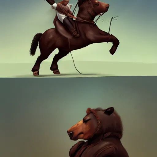 Image similar to equestrian riding a giant bear in the par, trending on artstation k