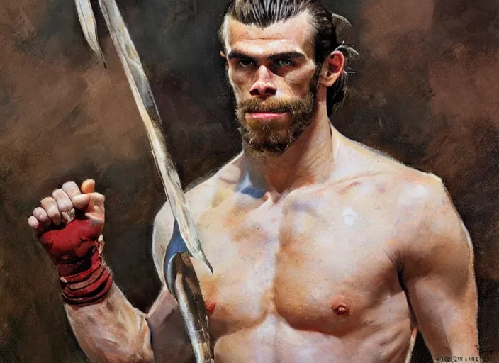 Prompt: a highly detailed beautiful portrait of gareth bale as kratos, by gregory manchess, james gurney, james jean