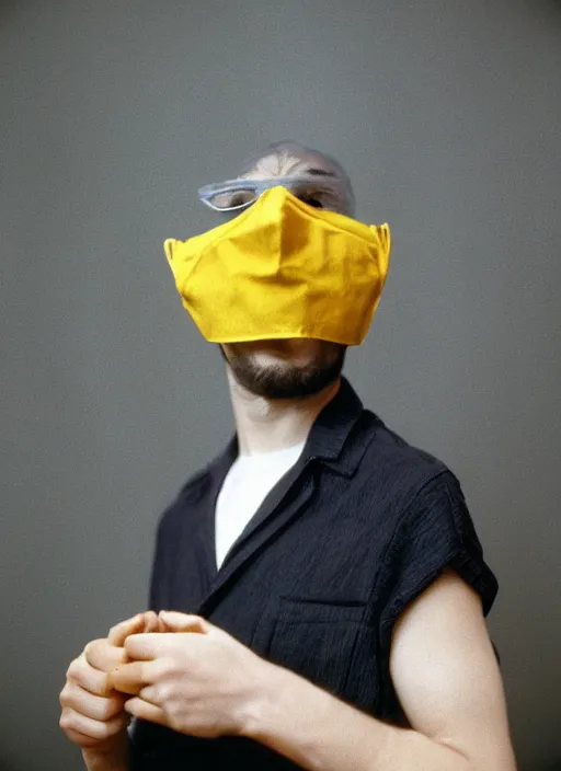 Prompt: a fashion portrait photograph of a man wearing a yellow mask designed by jean paul gaultier, 3 5 mm, color film camera, pentax