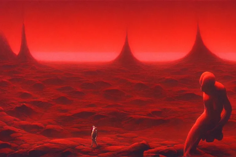 Image similar to only with red, a red god of death eat apple, a futuristic city on mars in background, floor are worms, in the style of beksinski, part by hopper, part by rodcenko, part by hofbauer, intricate composition, red by caravaggio, insanely quality, highly detailed, masterpiece, red light, artstation