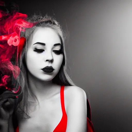 Image similar to a detailed portrait photo of elegant young woman who turns into smoke, noire photo, grayscale photo with red dress, photo by Michael David Rock, 8K, 50mm lens