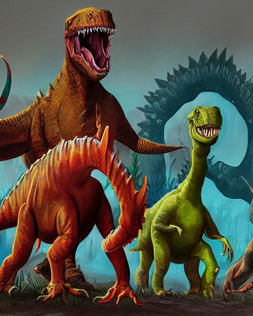 Prompt: dinosaurfolk, painting for Monster Manual, sharp detail, colorful