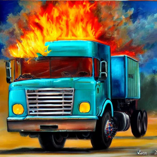 Image similar to painting of a flaming truck