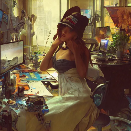 Image similar to a computer graphics artist with a ballcap in a messy room at the computer animating, ultra realistic, concept art, intricate details, serious, highly detailed, photorealistic, octane render, 8 k, unreal engine. art by artgerm and greg rutk owski and alphonse mucha