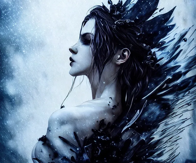 Image similar to stunning otherworldly gothic goddess of ice fire, dark and mysterious, atmospheric, ominous, eerie, cinematic, epic, 8 k, 4 k, ultra detail, ultra realistic, rendered by awesomeness. nights falling wind is blowwing snow is pilling concept art in style of carne griffiths artwork by xsullo