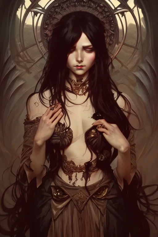 Image similar to demonic, dark fantasy, intricate, elegant, highly detailed, digital painting, artstation, concept art, matte, sharp focus, illustration, art by artgerm and alphonse mucha